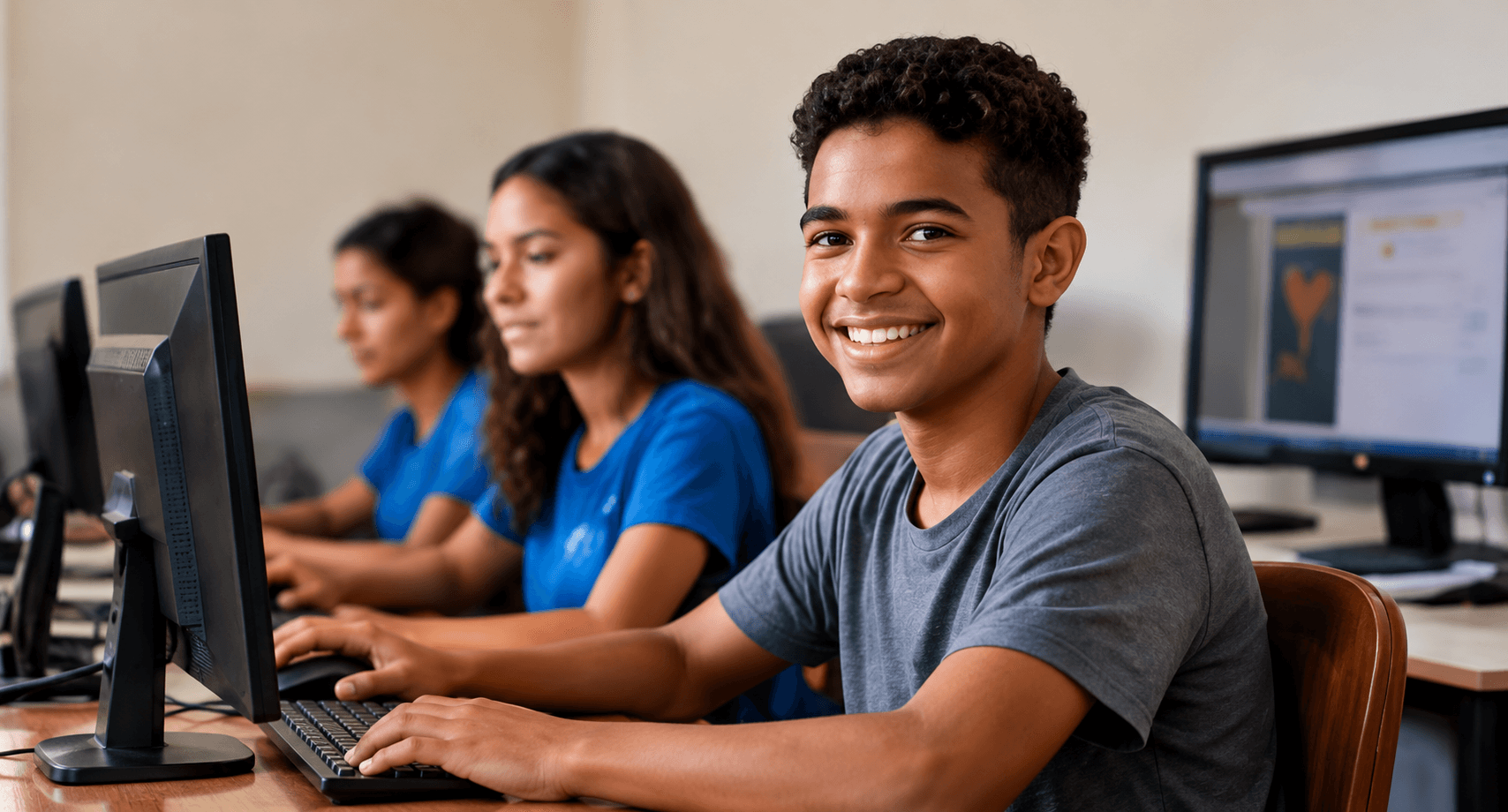 Jovens em sala de tecnologia e inclusão digital